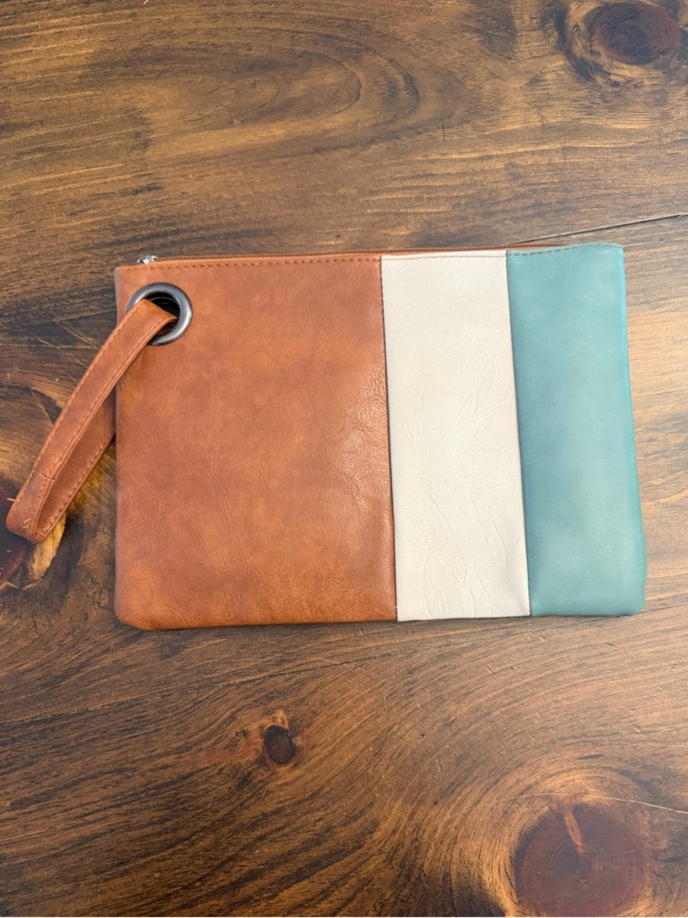 Tricolor Oversized Wristlet Clutch - Brown, Cream & Teal Colorblock